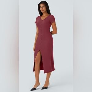 HALARA Burgundy Button-Down Midi Dress